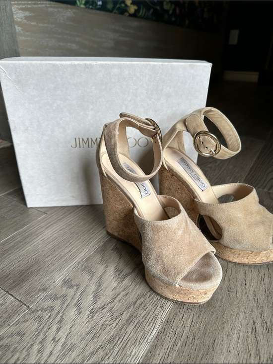 Jimmy Choo Shoes - Jimmy Choo Beige Suede Cork Wedge Sandals with Ankle Strap